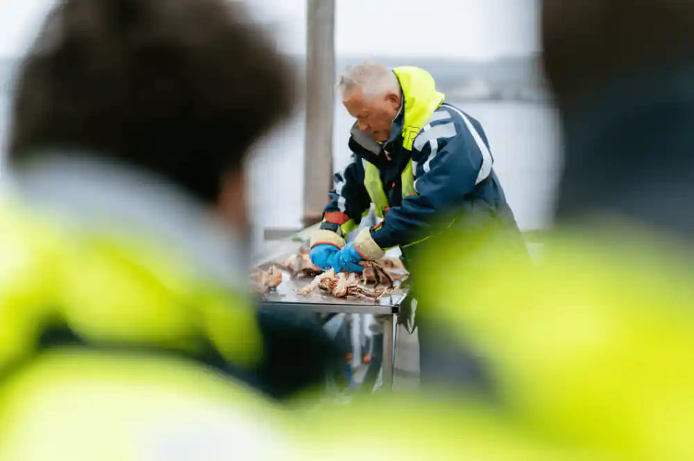 Guide cleaning and preparing crab at an outdoor table