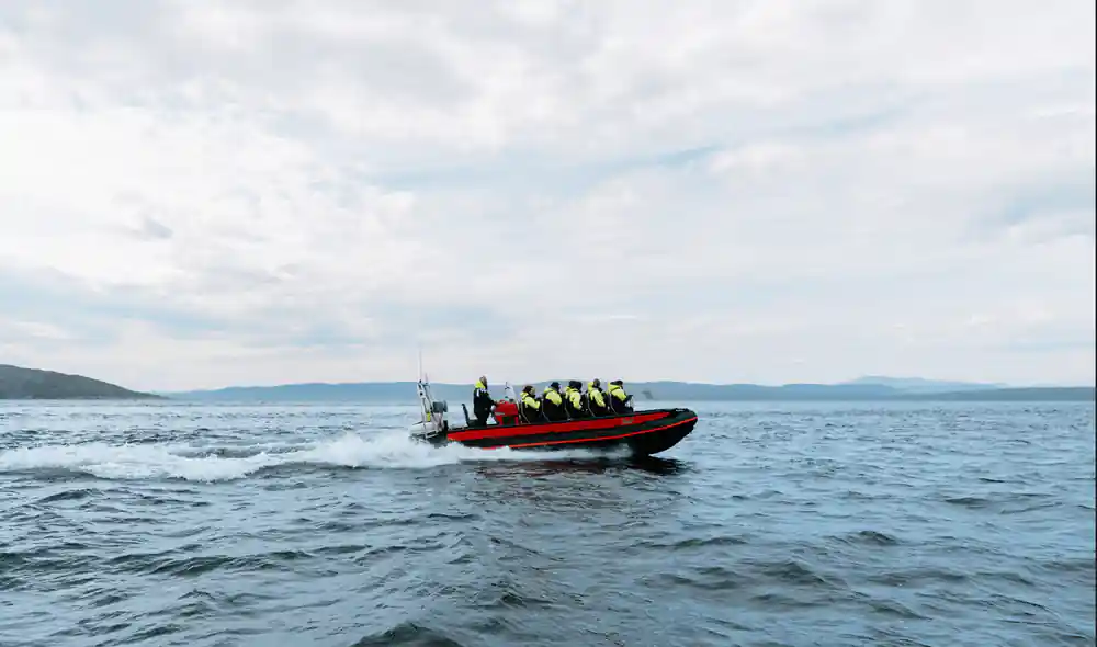 The red RIB running across the fjord with passengers aboard